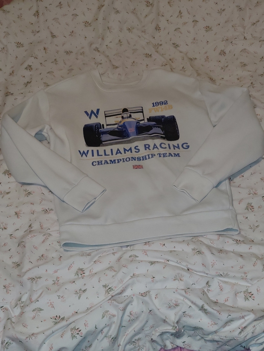 Hollister White Crewneck Sweatshirt with Blue Racing Graphic